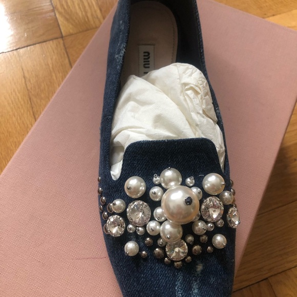 Miu Miu Shoes - Miu Miu Navy Denim Pearl & Crystal Embellished Loafers